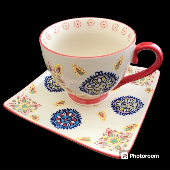 Yokohama Studio Hand Painted Cup Saucer Soup Sandwich Plate  12 Oz Boho - Picture 1 of 11